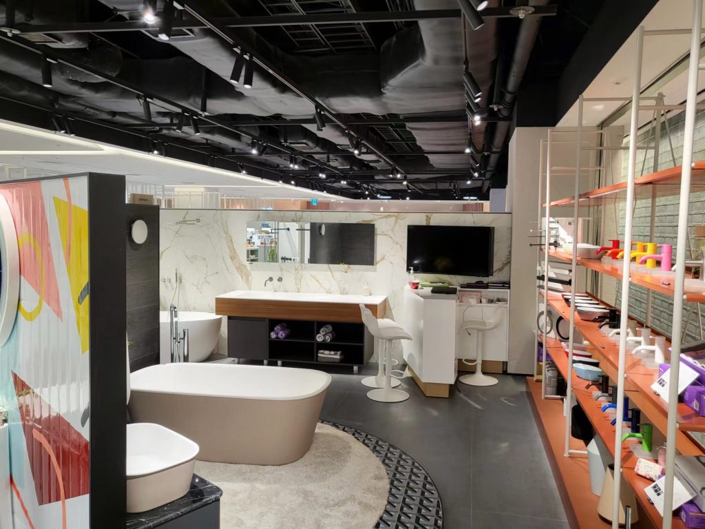 Commercial track lighting installed in retail storefront area