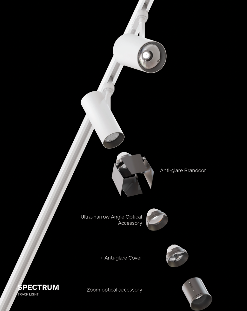 Modular architectural track lighting system with optical accessories for retail lighting