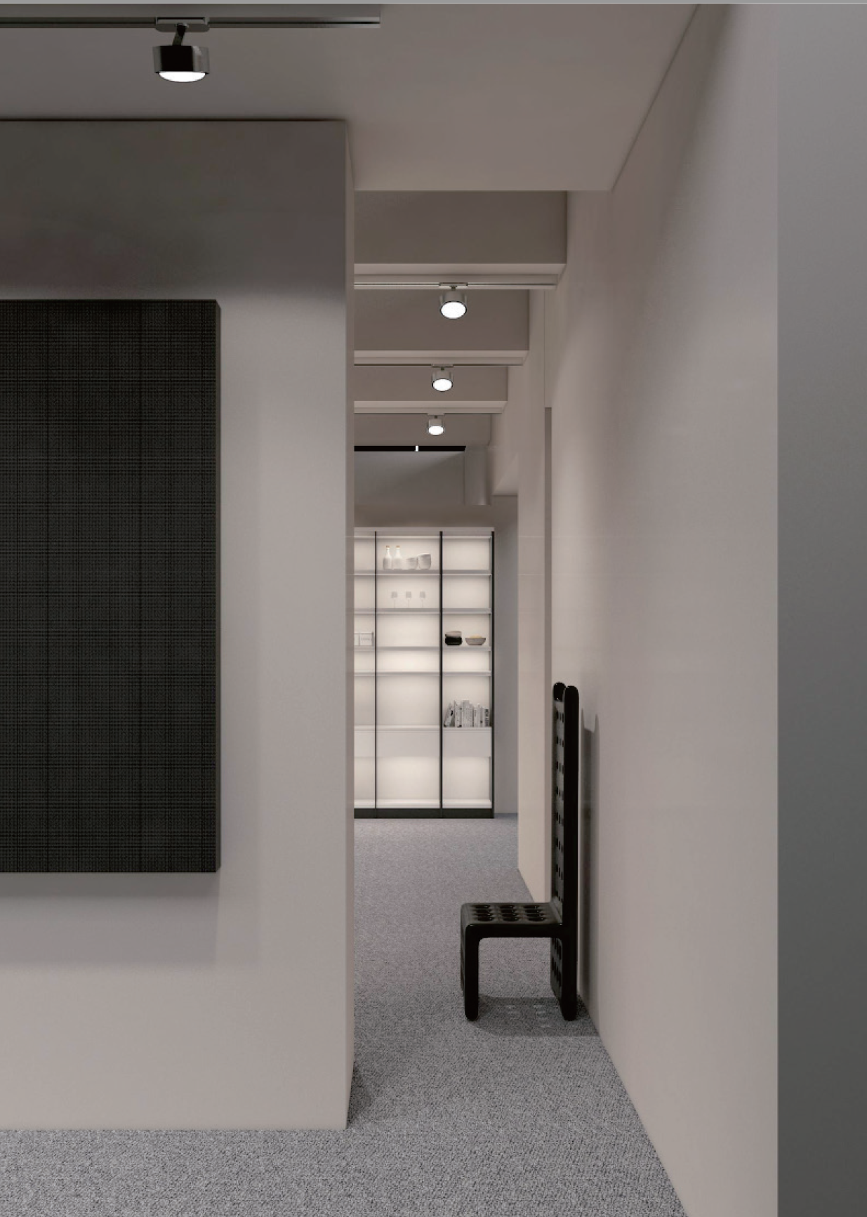 Lens lighting fixtures installed in a minimalist corridor lighting design.