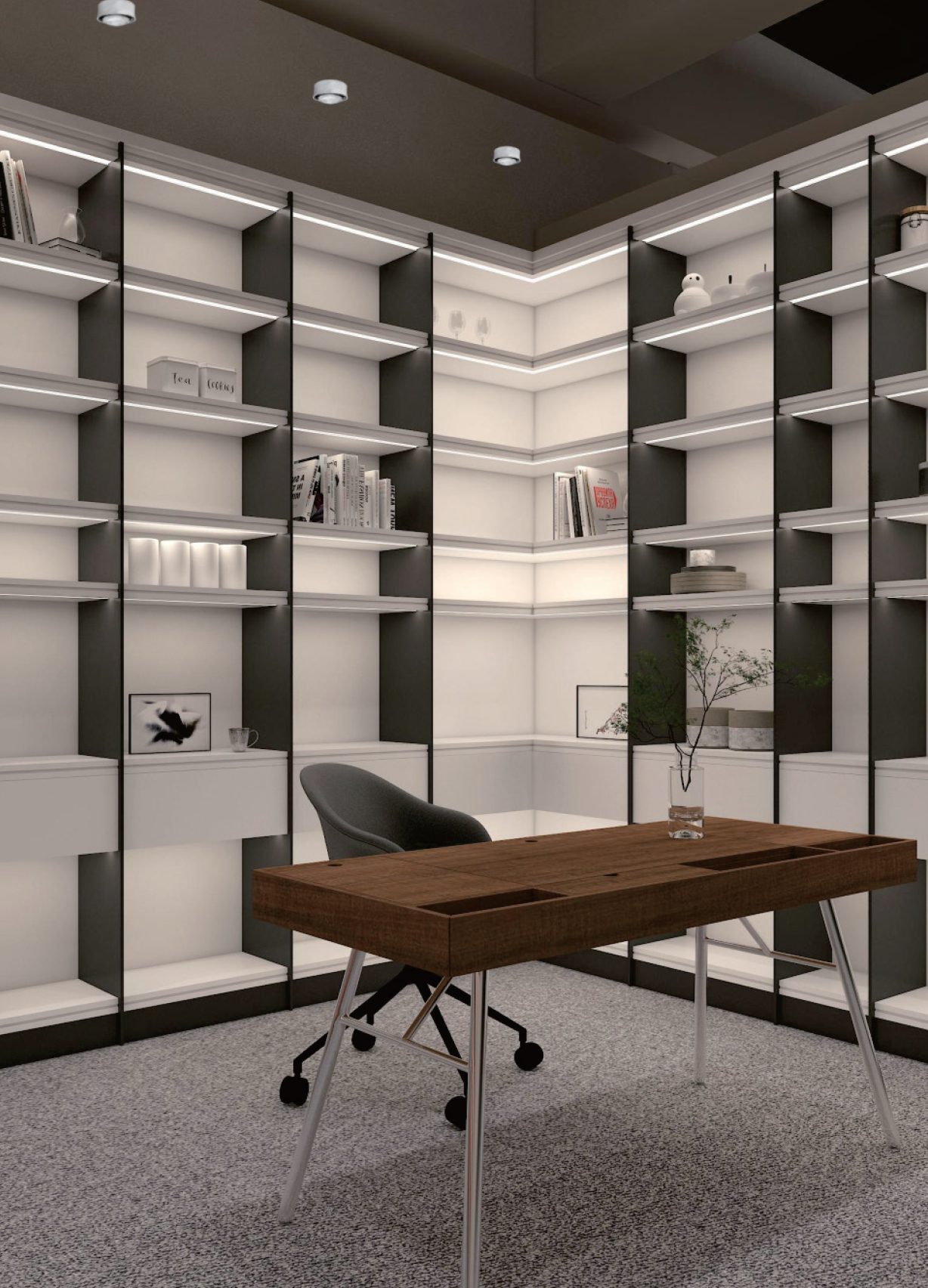 Office workspace architectural shelf lighting with integrated LED lighting