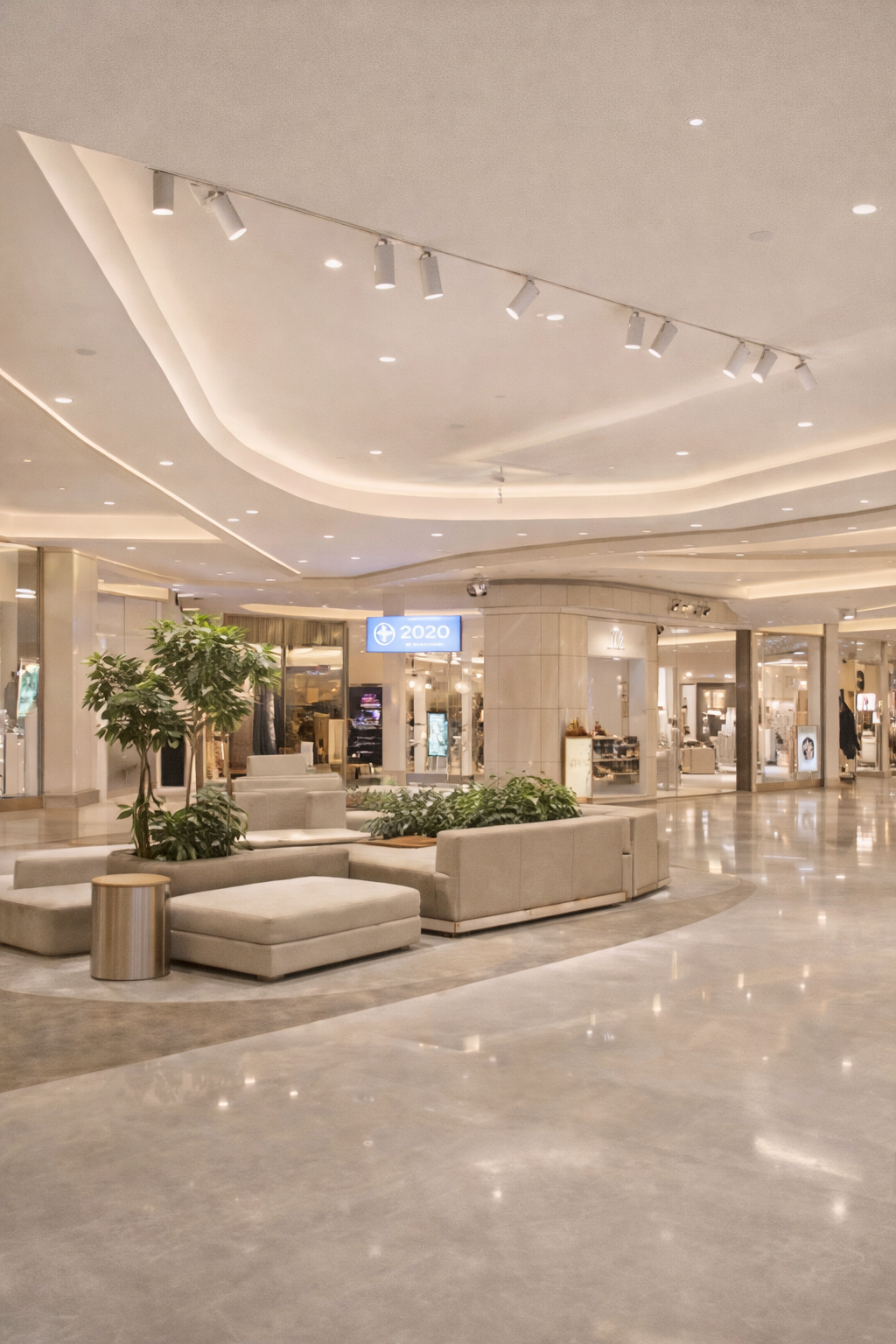 LED track lighting in modern commercial space for ambient and accent lighting