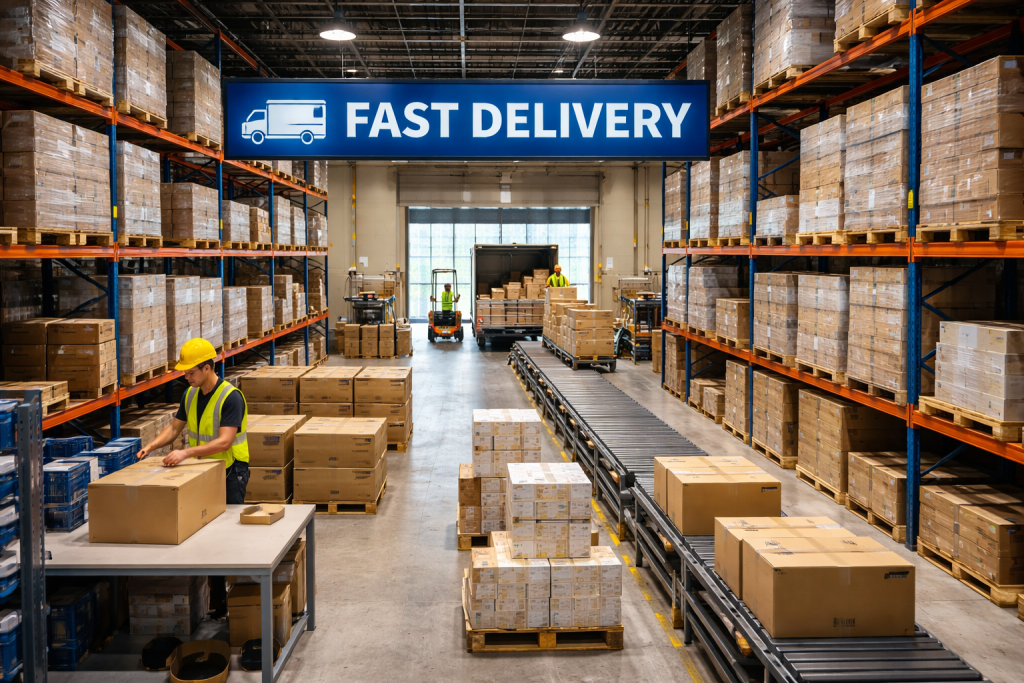 Stocked commercial lighting warehouse supporting fast delivery projects