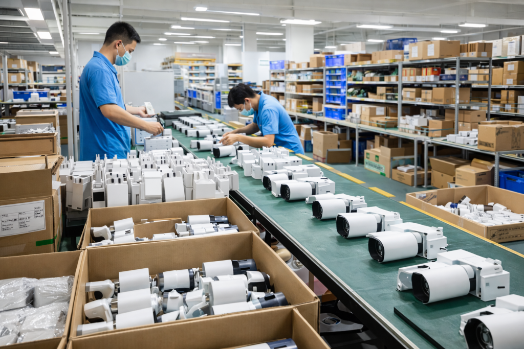 Factory workers assembling custom commercial lighting fixtures on production line