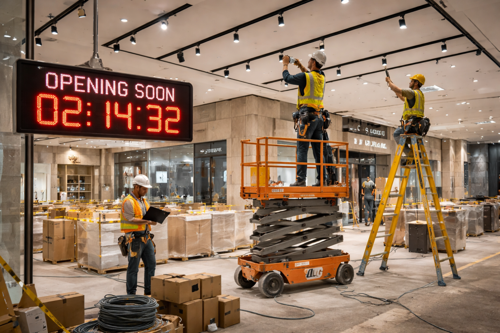 Urgent commercial lighting installation in shopping mall before opening deadline