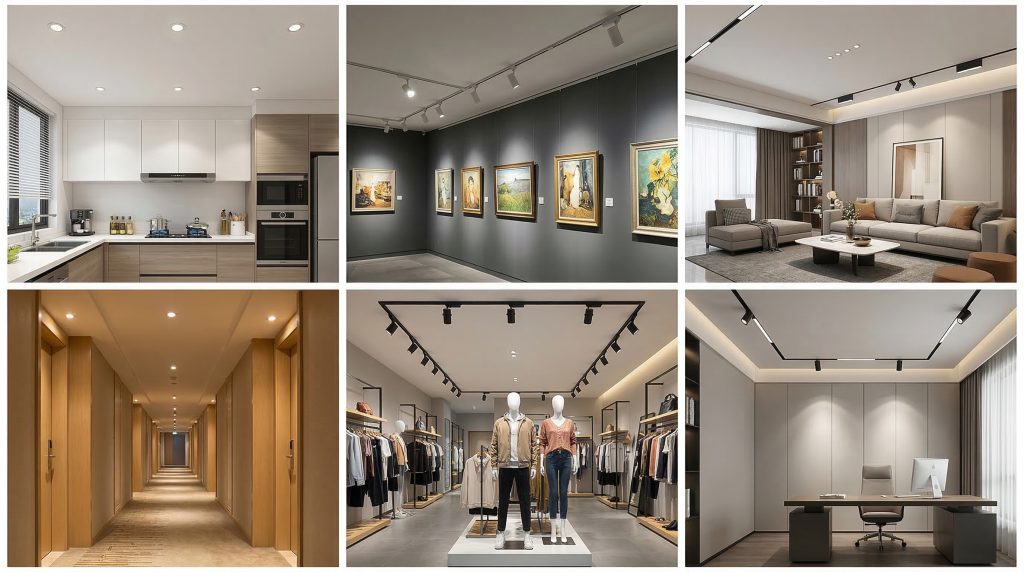Application case studies of downlights, track lights, and magnetic lighting systems in modern commercial lighting design