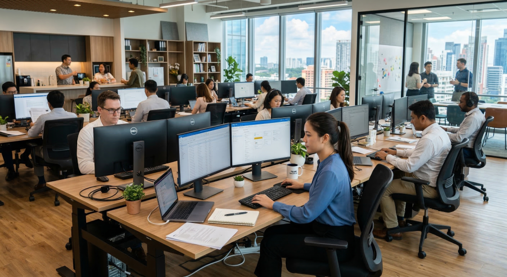 Energy-efficient LED lighting system in modern open-plan office workspace