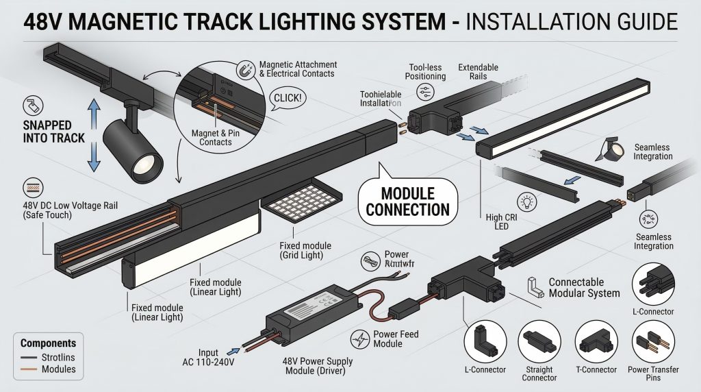 magnetic track lighting installation and magnetic module connection