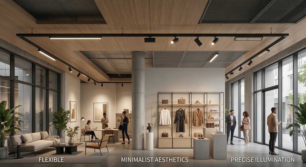 Minimalist commercial lighting design with linear pendant lights and track spotlights illuminating a modern retail showroom.