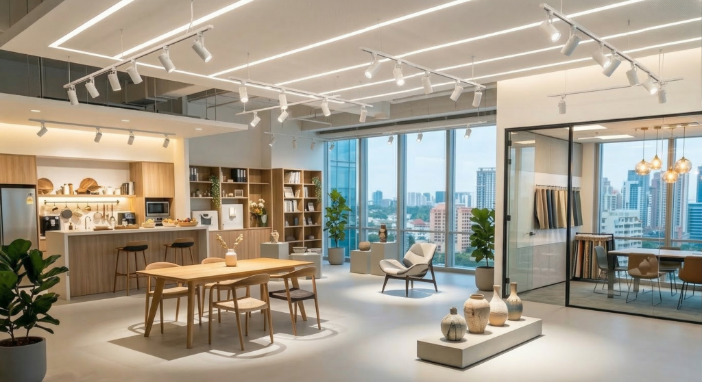 Modern showroom interior featuring minimalist LED track lighting and ceiling linear lights illuminating a contemporary workspace