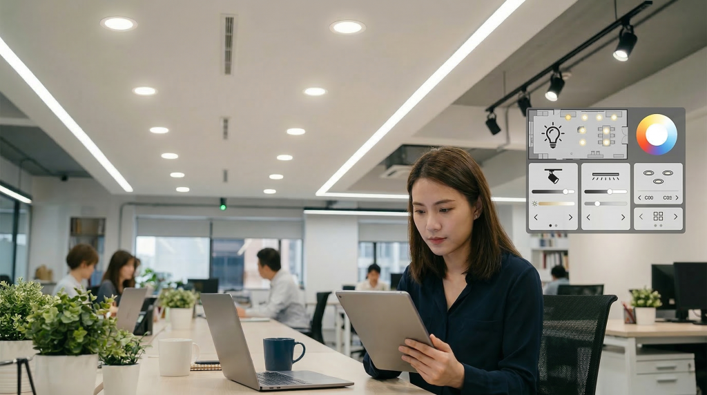 Smart office lighting control system adjusting brightness and color temperature in modern workplace environment