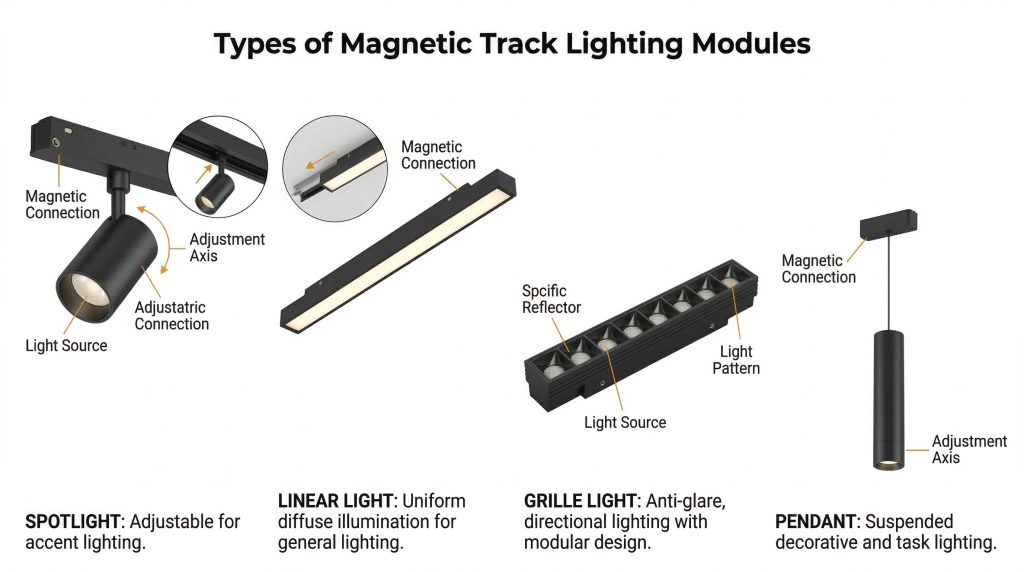 different magnetic track lighting modules including spotlight linear and pendant lights
