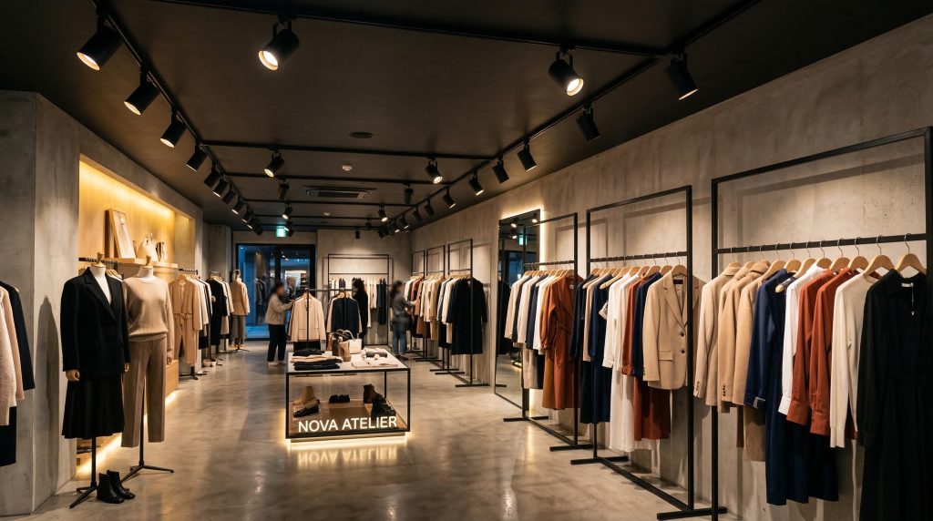 Adjustable track spotlights highlighting clothing displays in a modern fashion showroom lighting design