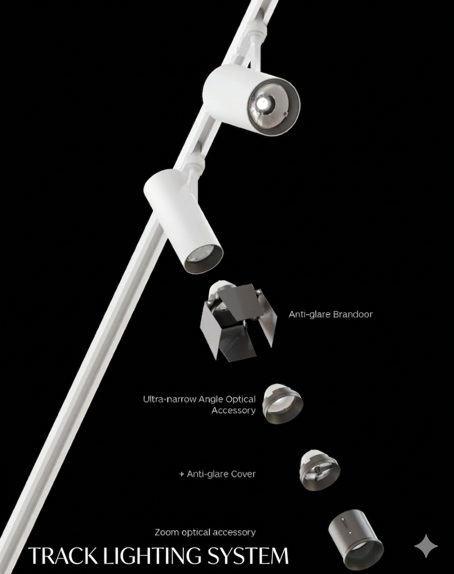 Architectural LED track light with optical accessories and anti-glare lighting system