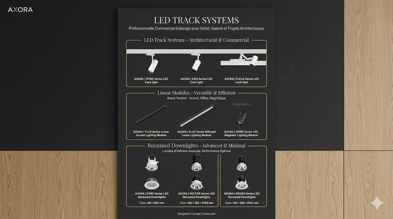 AXORA commercial LED lighting systems including track lights, linear modules and recessed downlights