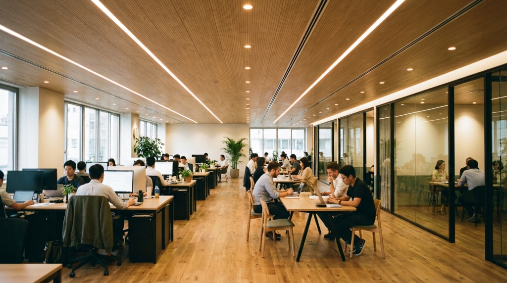 modern office workspace with linear LED lighting and human-centric lighting design