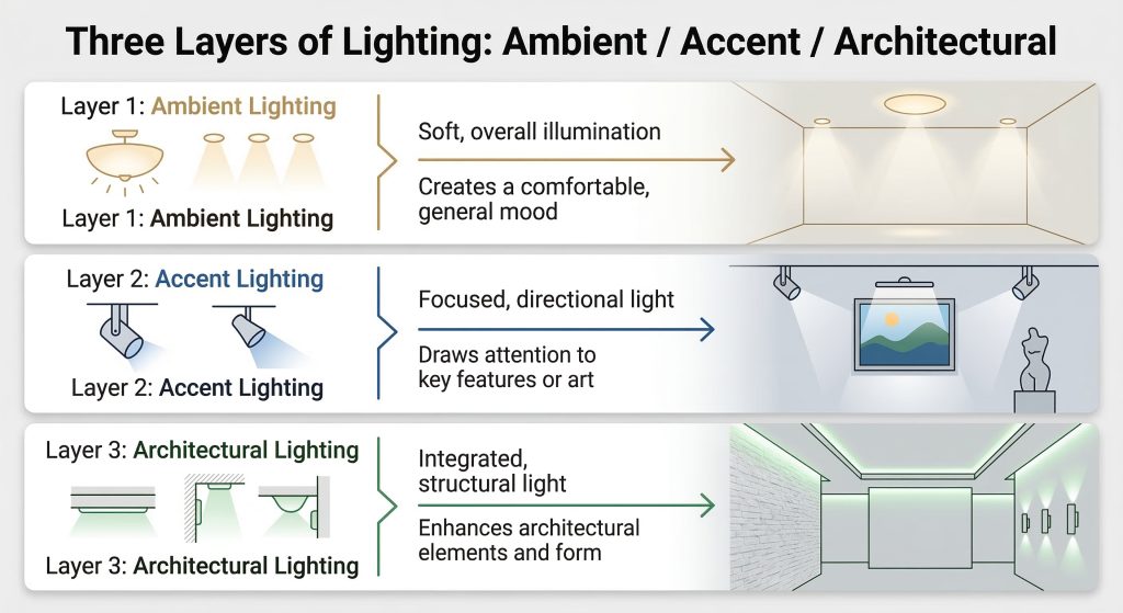 layered lighting design diagram showing ambient accent and architectural lighting