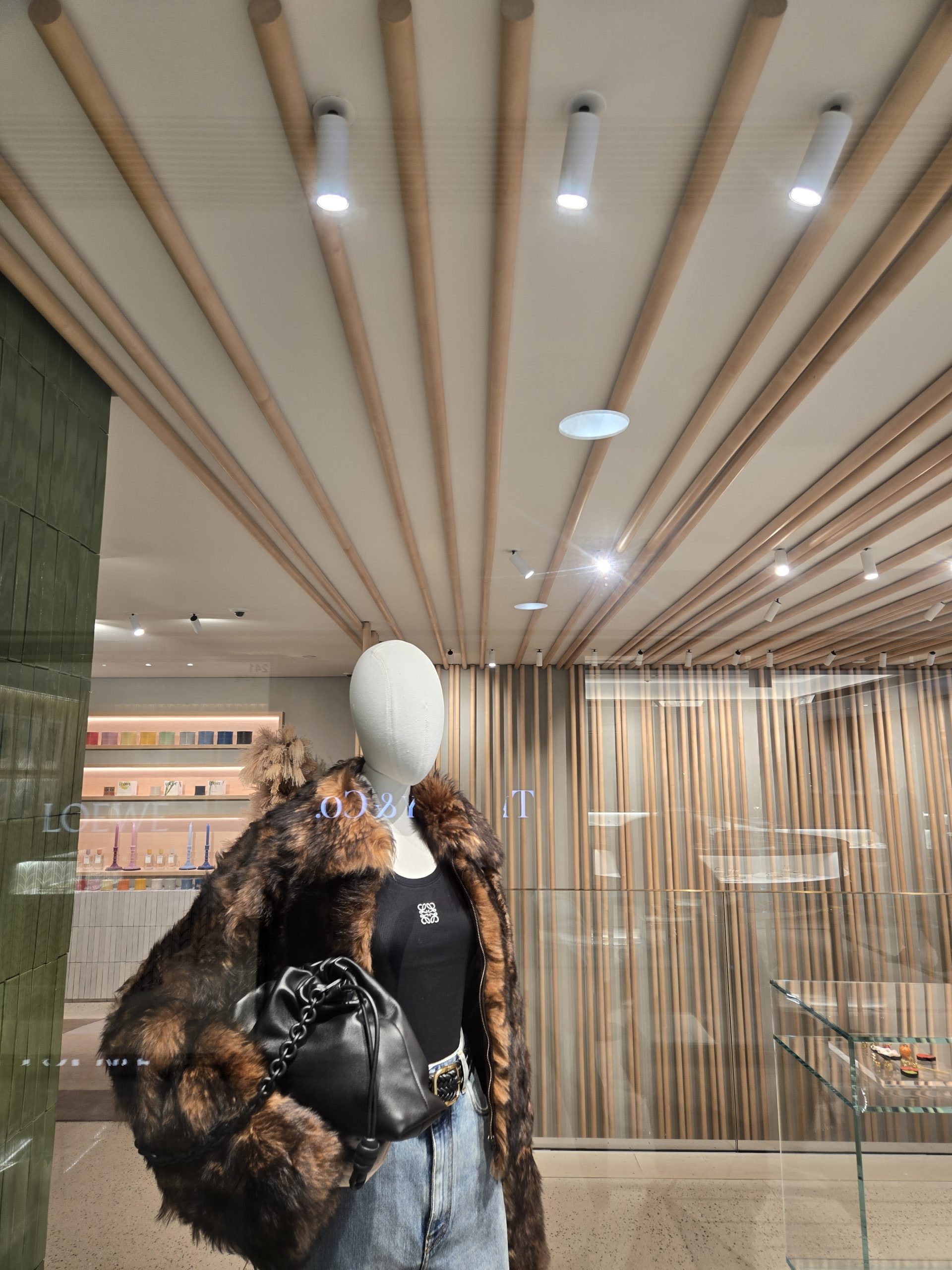 Luxury LOEWE retail boutique interior featuring recessed LED downlights and adjustable track spotlights illuminating fashion displays.