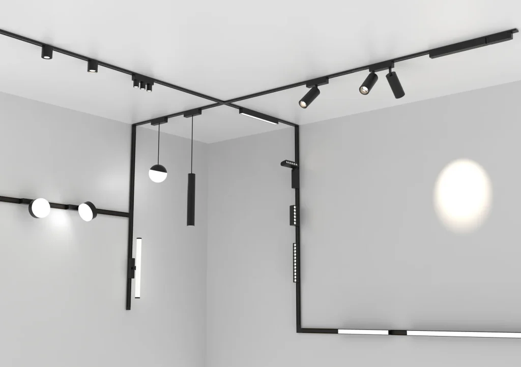 Magnetic track lighting system with spotlight, linear light and pendant modules