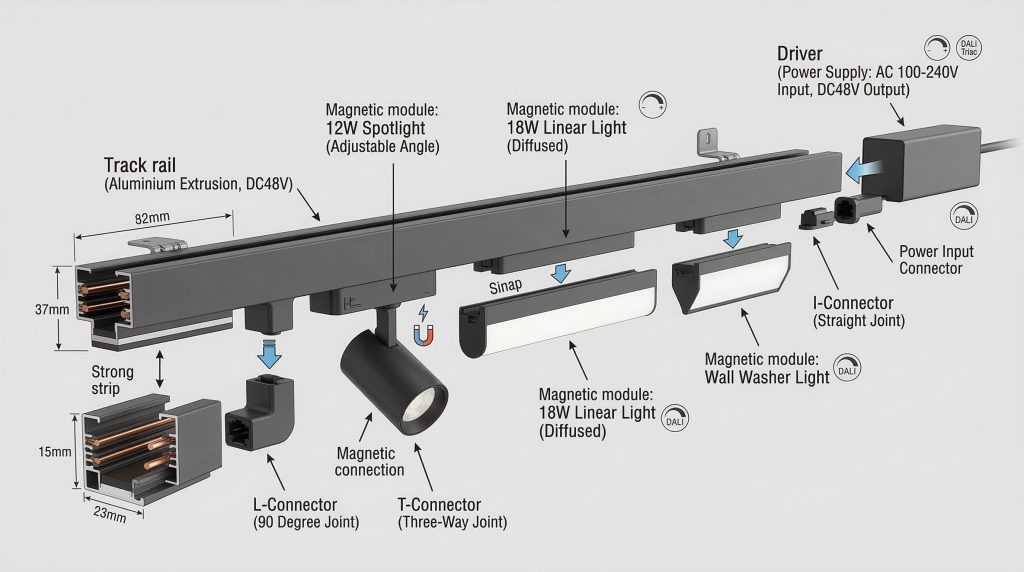 magnetic track lighting system components and track rail structure