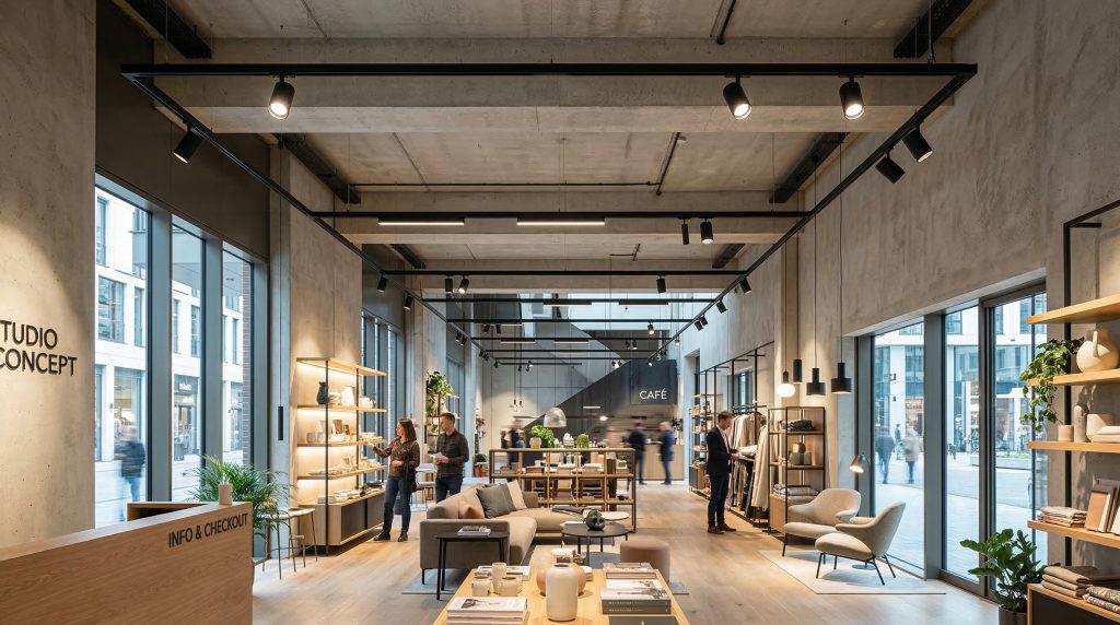 magnetic track lighting system used in modern showroom design