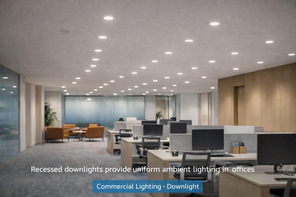 Recessed downlights providing uniform ambient lighting in modern office workspace