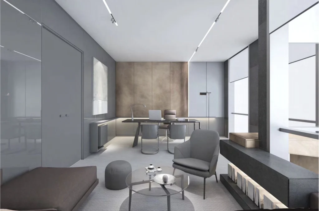 Minimal office lighting design with magnetic track lighting system