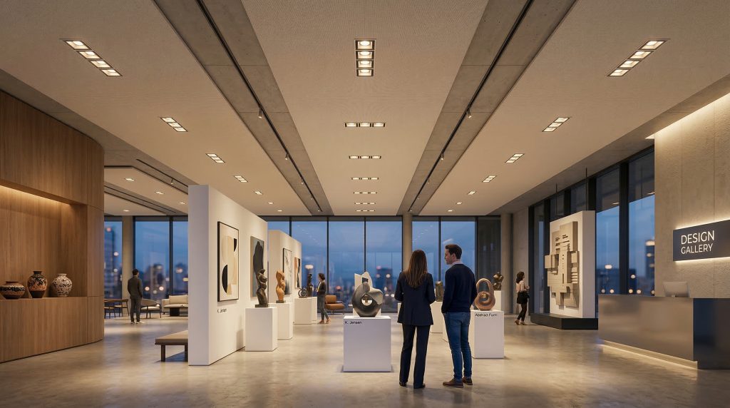 Recessed downlights providing soft ambient lighting in a modern commercial showroom interior