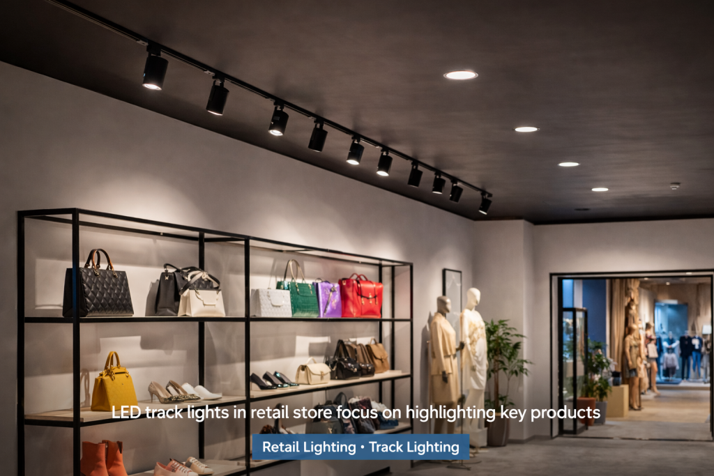 LED track lighting highlighting products in a retail store environment