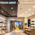 Track light vs downlight comparison in retail store lighting showing accent lighting and ambient lighting differences