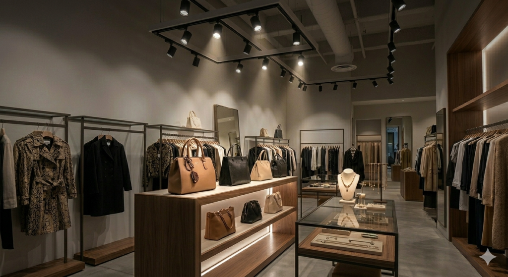 track lighting highlighting products in retail display