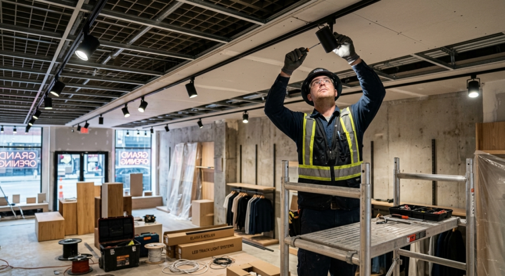 Technician installing LED track lighting in retail store
