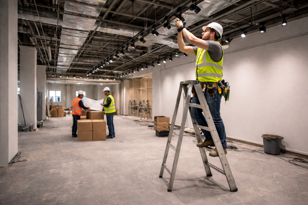 workers installing commercial lighting in retail store ceiling