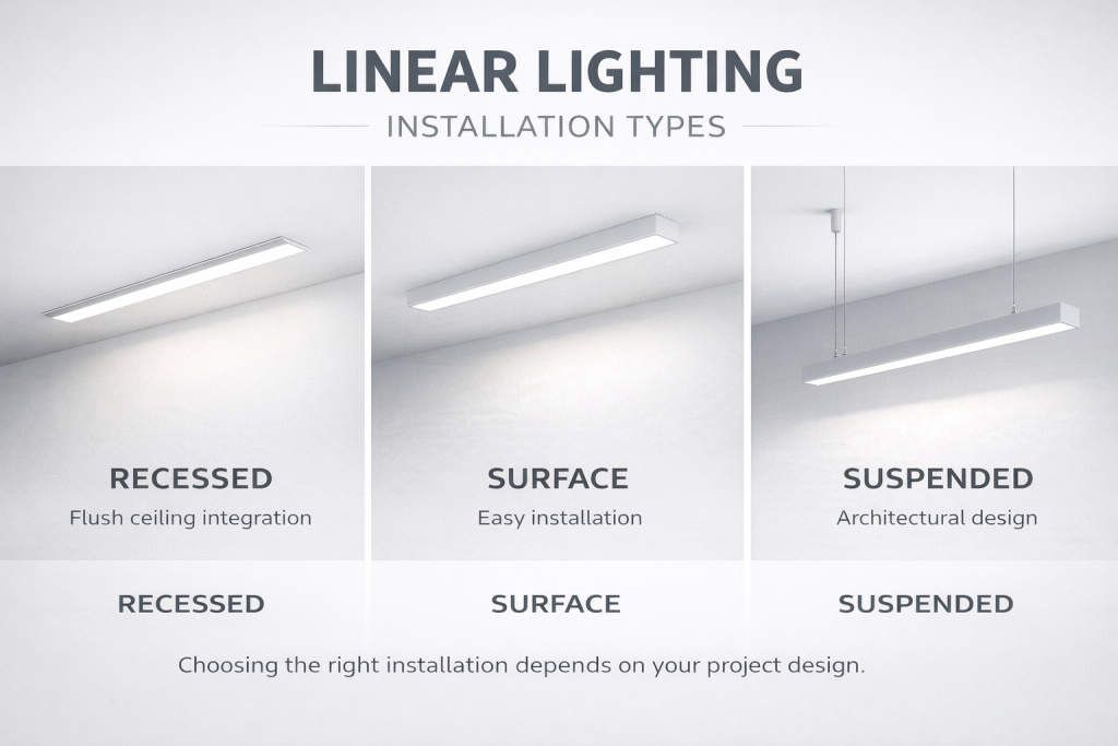 Linear lighting installation types including recessed suspended and surface mounted