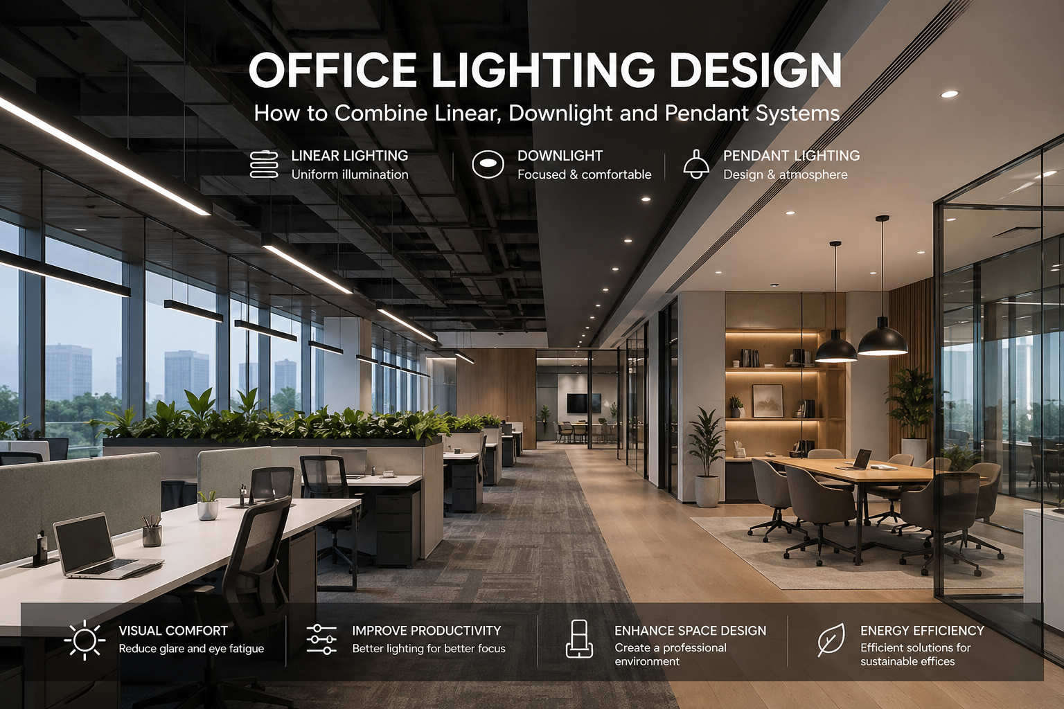 Office Lighting Design Guide: How to Combine Linear, Downlight and Pendant Systems