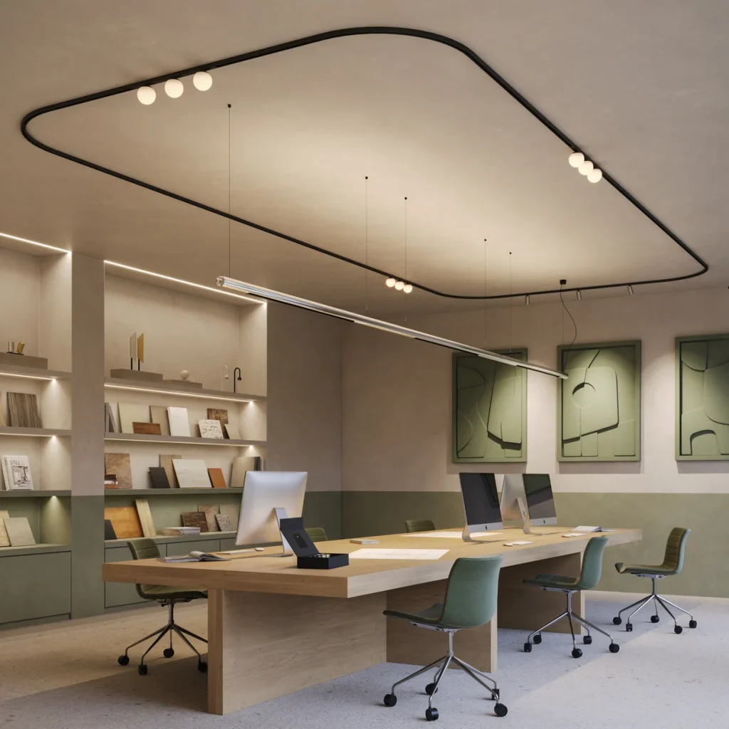 Linear lighting in retail store providing uniform ceiling illumination
