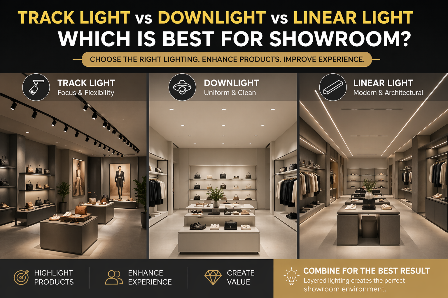 Best Lighting for Showrooms: Track Light, Downlight or Linear Light?