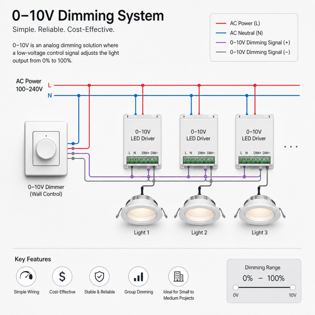 0-10v dimming system diagram showing analog lighting control
