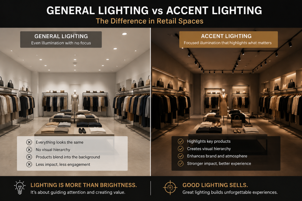 Comparison between general lighting and accent lighting in luxury retail stores