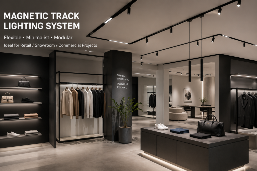 Modular magnetic track lighting modules for commercial projects