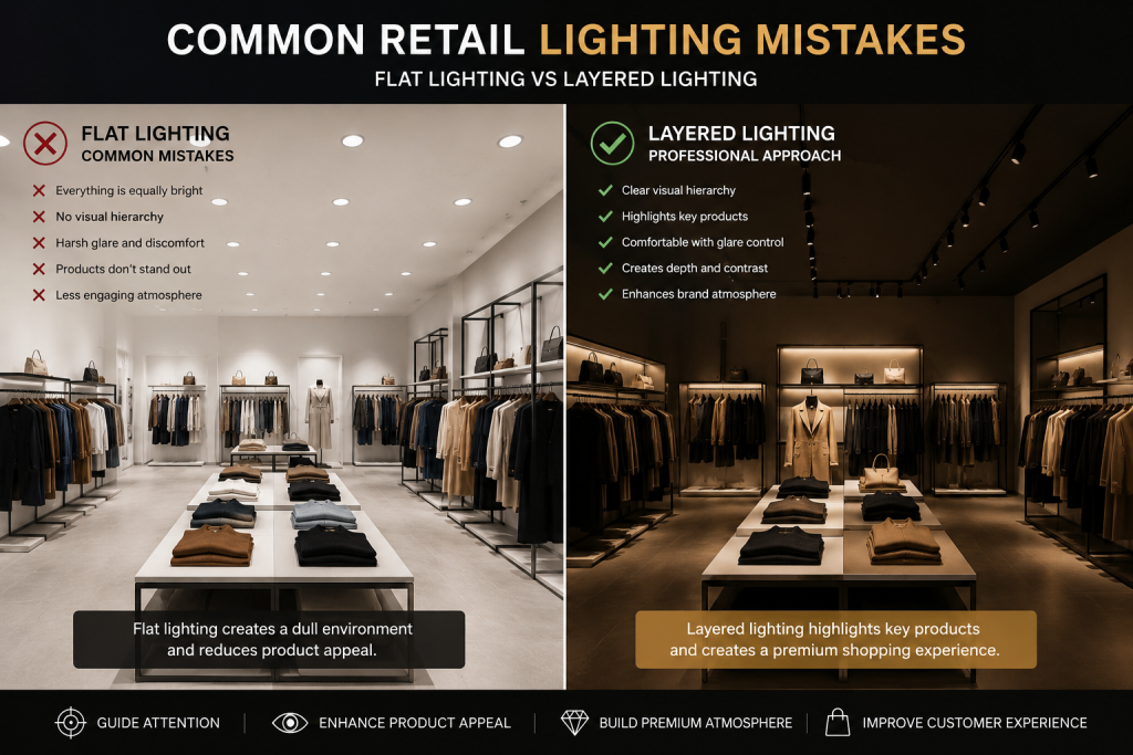 Comparison between flat retail lighting and professional layered lighting design in commercial retail spaces