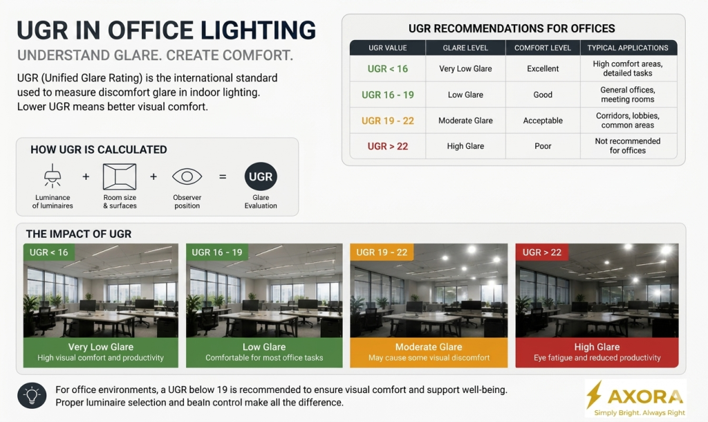 UGR office lighting diagram showing different glare levels and comfort standards