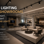 Modern commercial showroom using track lights downlights and linear lighting systems for product display