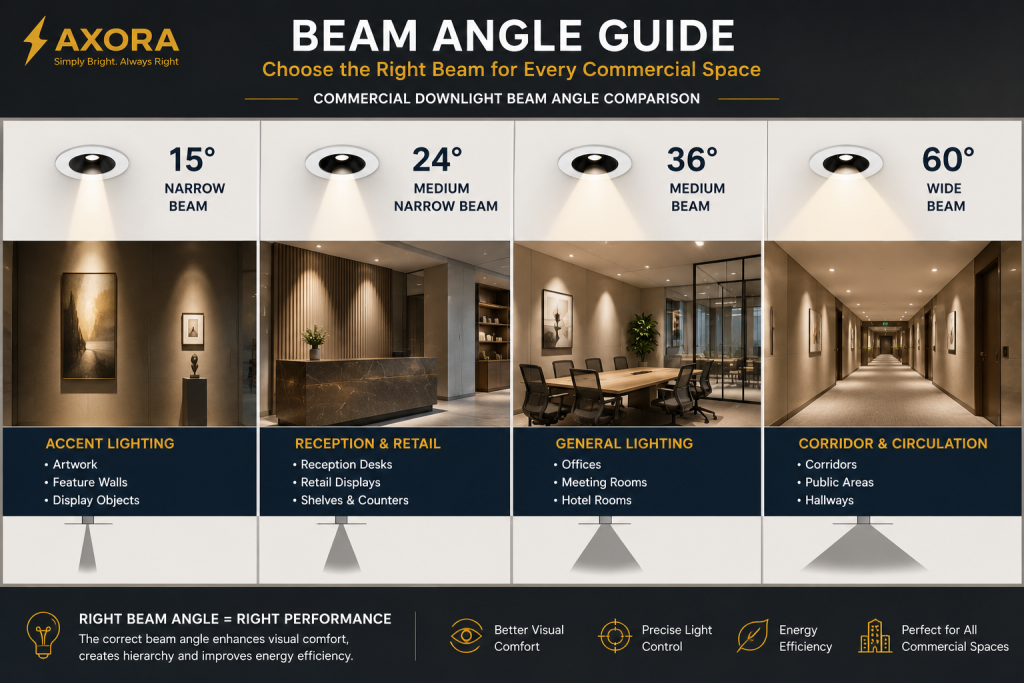 Comparison of 15 degree 24 degree 36 degree and 60 degree beam angles for commercial downlights