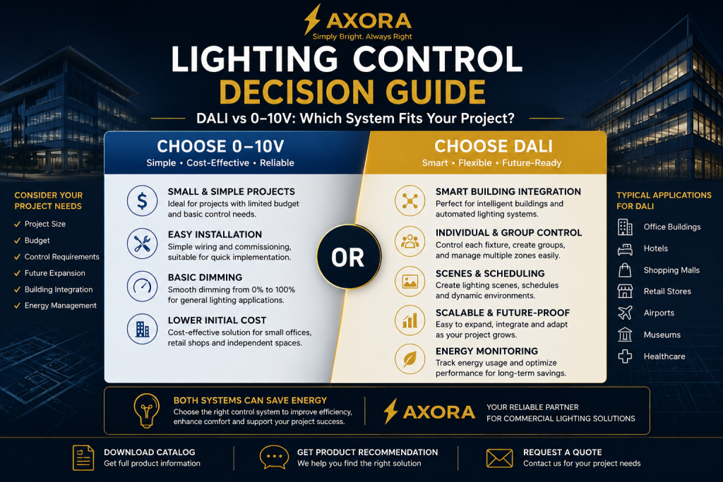 Decision guide comparing DALI and 0-10V lighting control systems for commercial projects