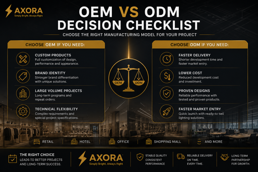 Decision checklist comparing OEM and ODM lighting manufacturing for commercial lighting buyers