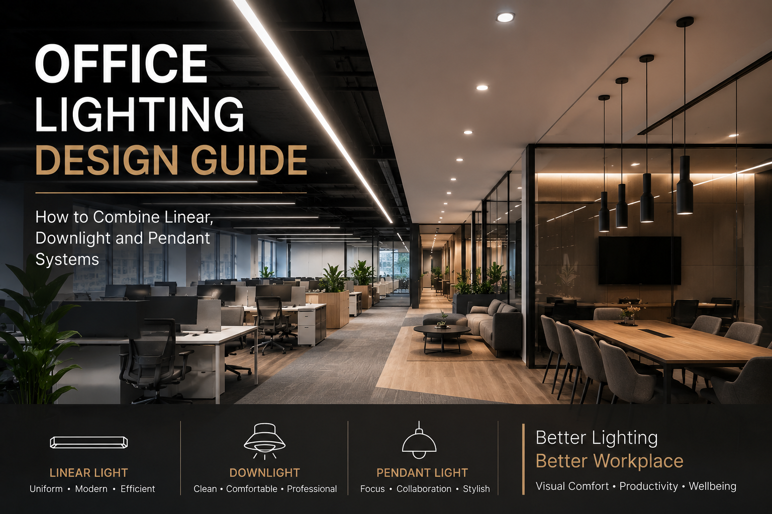 Office Lighting Design Guide: How to Combine Linear, Downlight and Pendant Systems