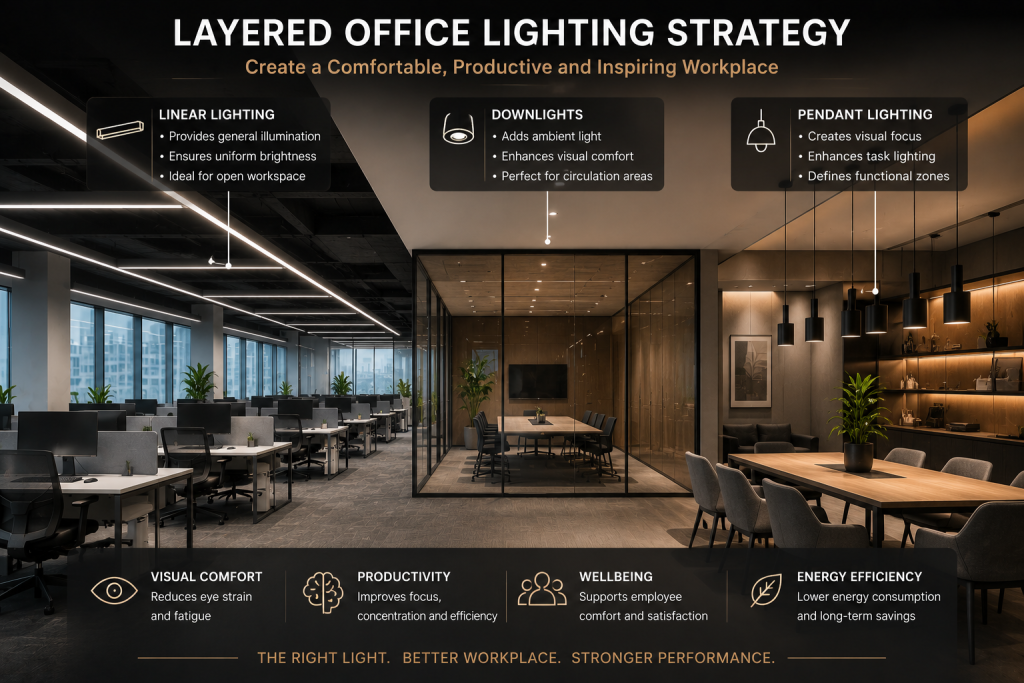 Layered office lighting combining linear lighting downlights and pendant systems in a commercial workplace