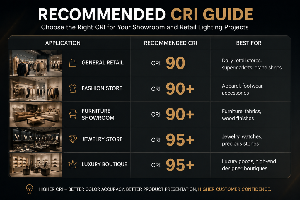 Recommended CRI values for retail stores showrooms jewelry shops and luxury boutiques
