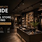 Professional retail store lighting design using track lights and accent lighting in a luxury commercial environment