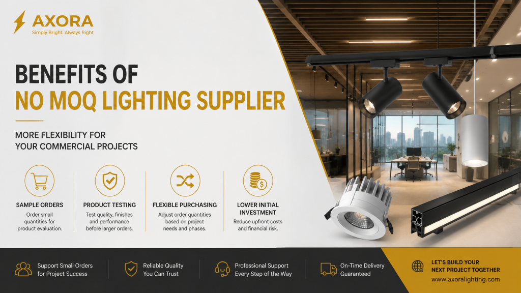 Advantages of working with a no MOQ commercial lighting supplier including sample orders, flexible purchasing and product evaluation.